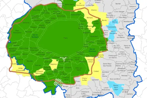 Carte des zones de circulation différenciée, similaire au crit'air Marseille, avec Paris et sa banlieue délimitées par des couleurs.