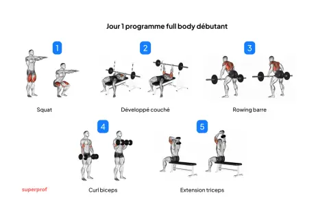 Programme de musculation au poids du corps pour débutants : squats, développé couché, rowing barre, curl biceps, extension triceps.