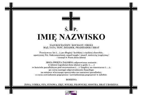 Klepsydra po pogrzebie z imieniem i nazwiskiem zmarłego, datą śmierci i informacją o mszy żałobnej.