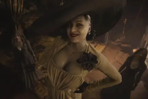Lady Dimitrescu z Resident Evil, w towarzystwie swoich córek, w mrocznym wnętrzu.