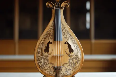 Drewniane instrumenty ludowe z misternymi zdobieniami, gotowe do wydobycia pięknych melodii.