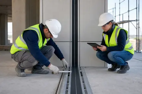 Operai misurano un giunto sismico in cantiere. Uno usa un metro, l'altra un tablet per registrare i dati.