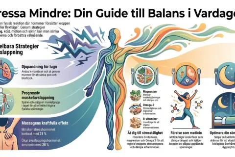 Grafik visar strategier för att reglera nervsystemet, inklusive djupandning, muskelavslappning, kost, motion och sömn.