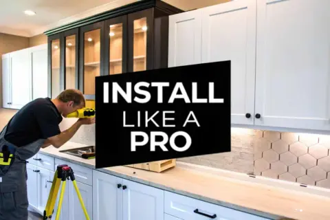 A man uses a laser level to ensure cabinets are perfectly aligned, demonstrating how to hang cabinets like a pro.
