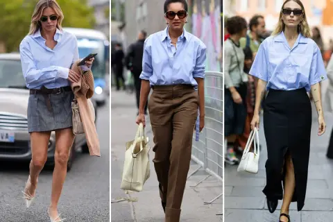 Tre donne sfoggiano una camicia azzurra in modi diversi: con minigonna, pantaloni marroni e gonna nera lunga.