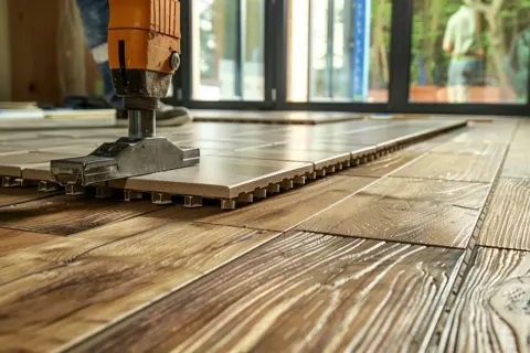 Pose d'un nouveau revêtement : on est en train de coller du carrelage sur du bois, avec un outil qui aide à ajuster les dalles.