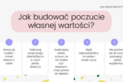 Jak budować poczucie własnej wartości? 5 kroków: myśl dobrze o sobie, odkrywaj pasje, akceptuj siebie, bądź odpowiedzialny, nie porównuj się.