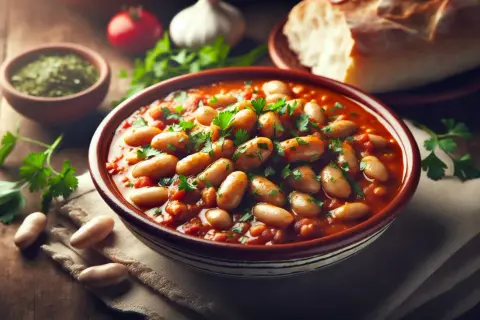 Un plat de loubia recette, des haricots blancs mijotés dans une sauce tomate savoureuse, garni de persil frais. Du pain et des épices en arrière-plan.
