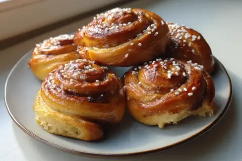 Färska kanelbullar på en tallrik, perfekt för att visa hur förvarar man bullar bäst för att behålla dem mjuka och goda.