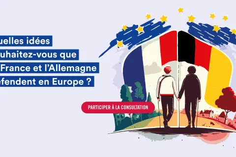 Deux personnes se tiennent main dans la main devant les drapeaux français et allemand, symbolisant une nouvelle ère après la guerre Allemagne France.