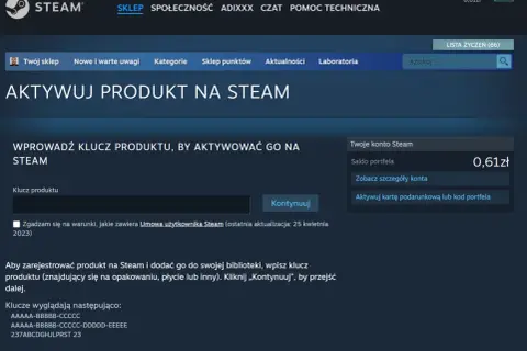Strona aktywacji produktu na Steam z polem na klucz i przyciskiem "Kontynuuj".