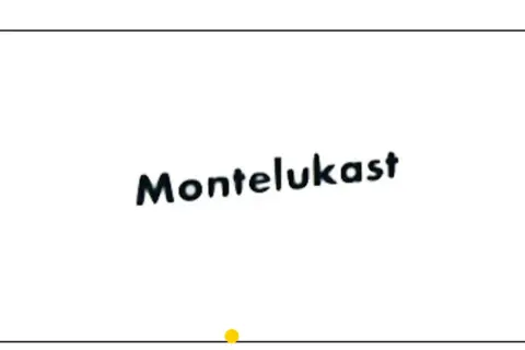 Napis "Montelukast" na białym tle. Mały żółty punkcik pod napisem.