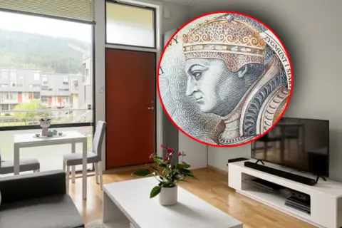 Nowoczesne mieszkanie z widokiem na góry. W rogu banknot z Zygmuntem, symbolizujący podatek od wynajmu.
