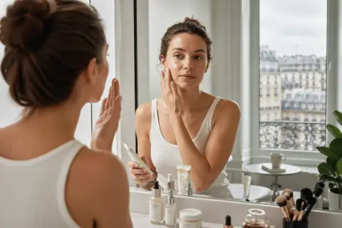 Une femme applique de la crème solaire sur son visage devant un miroir. C'est un bon rappel de quand mettre de la crème solaire pour protéger sa peau.