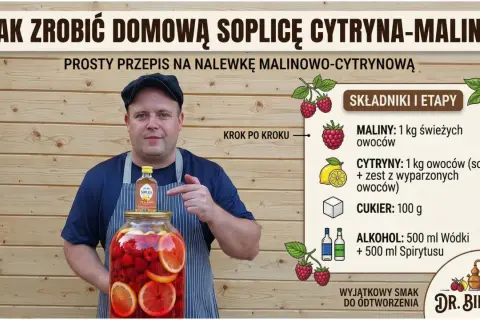 Mężczyzna w fartuchu wskazuje na słoik z malinami i cytrynami oraz małą butelkę Soplicy.