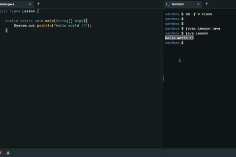 Code Java affichant "hello world !!" dans le terminal. La conversion de java int to string n'est pas visible ici.