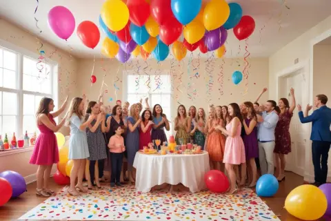 Glada människor firar 50 års fest med ballonger och konfetti.