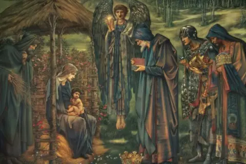 Narodziny Jezusa. Trzej królowie składają dary, anioł błogosławi, a Maryja tuli Dzieciątko.
