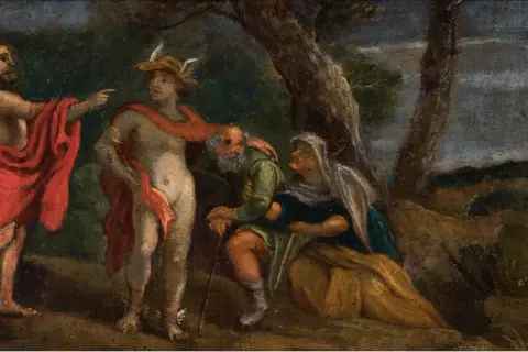 Un hombre con túnica roja señala a Mercurio, quien se dirige a una pareja de ancianos. Obra de arte del Renacimiento.