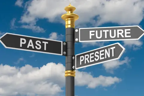 Señalización con flechas indicando "PAST", "PRESENT" y "FUTURE". Una metáfora visual para entender la diferencia entre el present perfect y el past perfect.