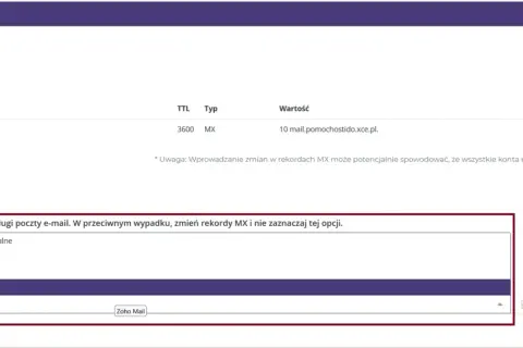 Konfiguracja rekordów DNS MX dla poczty e-mail. Wybrano Zoho Mail.