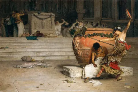 Een Bacchant met een tamboerijn, omringd door dronken figuren en een grote amfoor, na een wilde viering.