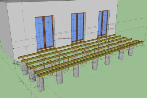 Projekt tarasu z widocznymi legarami i wymiarami. Konstrukcja opiera się na betonowych słupkach.