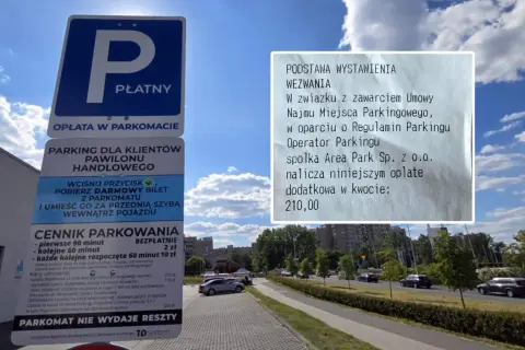 Mandat za brak biletu parkingowego na kwotę 210 zł. Na znaku informacja o opłatach i cenniku parkingu.