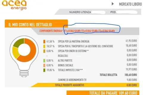 Dettaglio bolletta della luce Acea Energia: spesa materia energia, trasporto, oneri di sistema, imposte e IVA. Totale da pagare 109,60 euro.