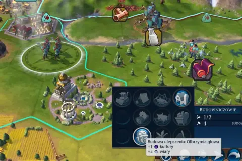 Gra Civilization VI: poradnik. Widok mapy z jednostkami, budynkami i menu budowniczych.