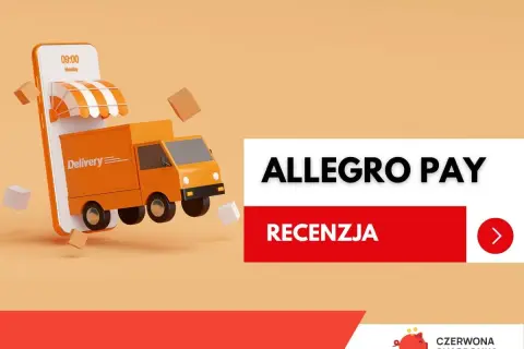 Dostawa z Allegro Pay raty: ciężarówka wyjeżdża z telefonu, obok napisy "Allegro Pay" i "Recenzja".