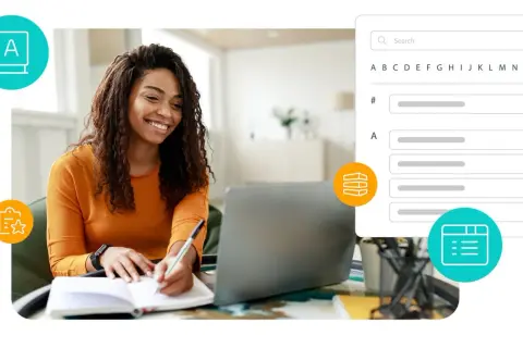 A woman smiles while working on her laptop, taking notes. Icons suggest a digital workflow, perhaps related to digital watermarking for content protection.