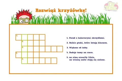 Zabawne zagadki rysowane na kartce zachęcają do rozwiązania krzyżówki.