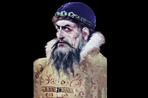 Målning av en man med skägg och mustasch, klädd i en blå mössa med stenar och en guldfärgad rock med päls. Han ser ut att vara på väg hem i Groznyj.