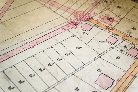 Stary plan geodezyjny z zaznaczonymi numerami działek i budynkami. Każdy identyfikator działki ewidencyjnej jest wyraźnie widoczny.