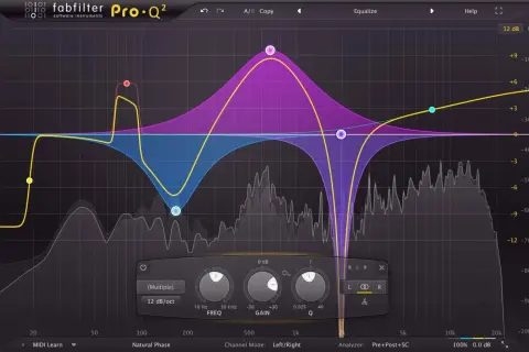 FabFilter Pro-Q² EQ-Plugin mit detaillierten Frequenzkurven. Mastering-Plugin-Einstellungen werden hier visualisiert.
