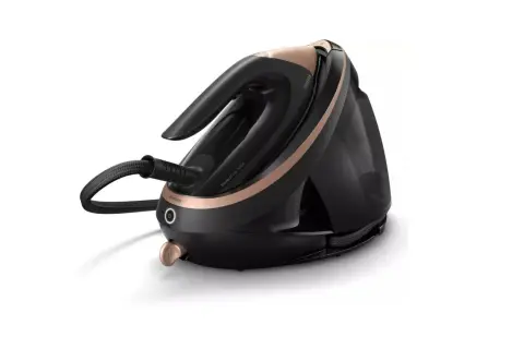 Elegancka stacja parowa Philips PerfectCare 9000, lider rankingu stacji parowych, w kolorze czarnym ze złotymi detalami.