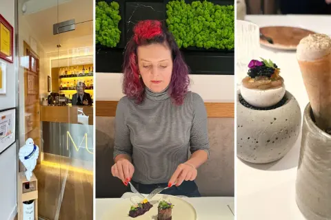 Elegancka restauracja z gwiazdką Michelin w Polsce. Kobieta delektuje się wykwintnym daniem, a obok stoją artystycznie podane przekąski.