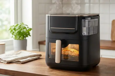 Nowoczesny airfryer z okienkiem, w którym piecze się łosoś. Idealny do zdrowego gotowania, warto sprawdzić jego ranking.