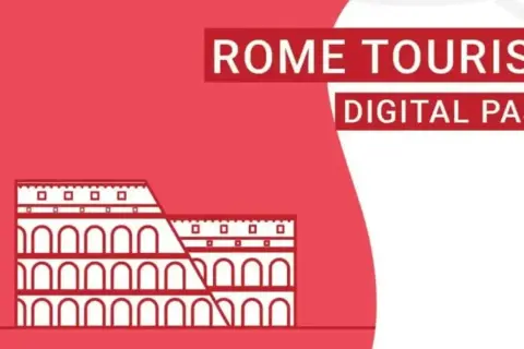 Koloseum na tle napisu "ROME TOURIST DIGITAL PASS". Twój bilet do Rzymu!