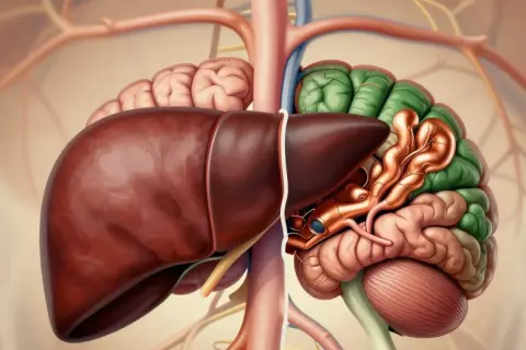 Anatomical illustration showing the liver and brain, highlighting how **choroba Wilsona** affects both organs due to copper accumulation.