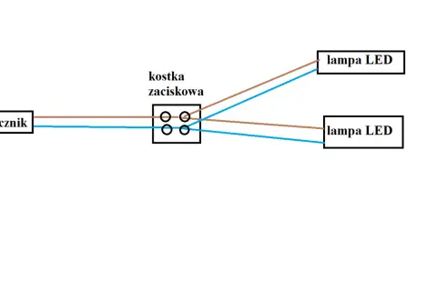 Schemat podłączenia lampy LED z włącznikiem przez kostkę zaciskową. Dwa przewody zasilające łączą się w kostce, a następnie rozchodzą do dwóch lamp LED.