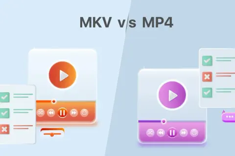 MKV vs MP4: A visual comparison of video file formats, showing playback controls and feature checklists.