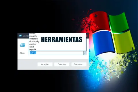 Ventana de comandos de Windows con "defrag" escrito, lista de herramientas y el logo de Windows.