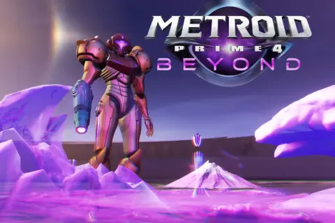 Samus Aran w lśniącej zbroi na fioletowej, krystalicznej planecie. Logo Metroid Prime 4: Beyond w tle.