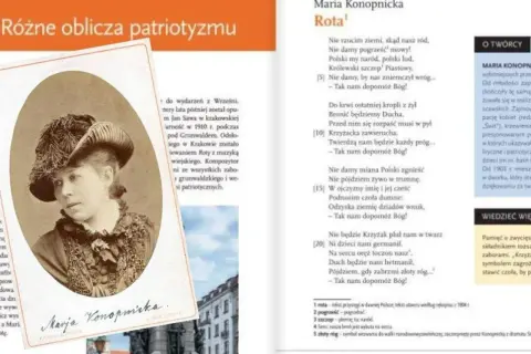Maria Konopnicka, autorka wiersza "Rota", przedstawiona na zdjęciu. Tekst wiersza, pełen patriotyzmu, wzywa do obrony ojczyzny.