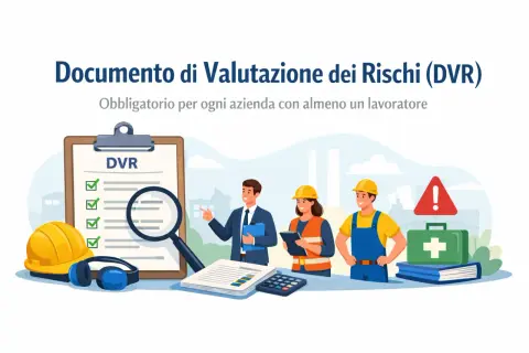 Valutazione dei rischi (DVR) obbligatorio per ogni azienda con dipendenti. Personale analizza documenti, caschi e kit pronto soccorso.