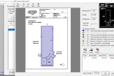 Schermata del software Docfa 4.0 per il nuovo catasto edilizio urbano, con planimetria e dati di calcolo.