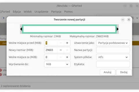 GParted: tworzenie nowej partycji na pendrive. Ustawianie rozmiaru, systemu plików ntfs i nazwy.