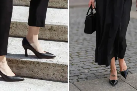 Eleganza in nero: un outfit decolleté tacco basso, perfetto per ogni occasione.